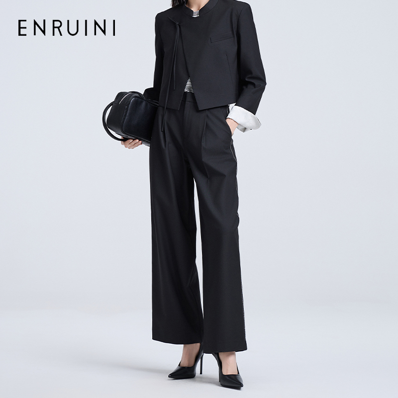 恩家秋休闲裤阔腿裤通勤黑色秋季通勤直筒高腰ESQK6B816