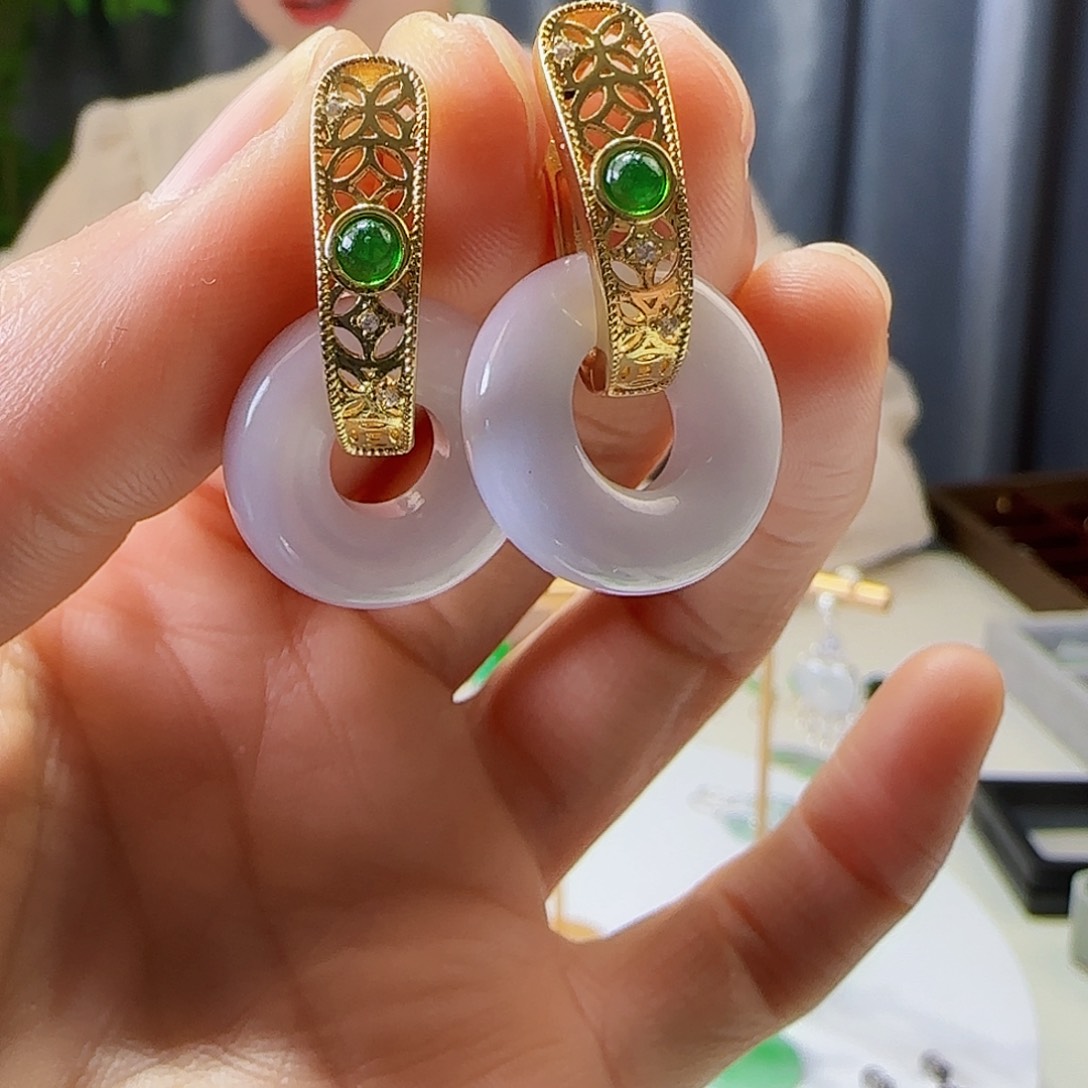 翡翠耳饰银S925镶嵌天然缅甸