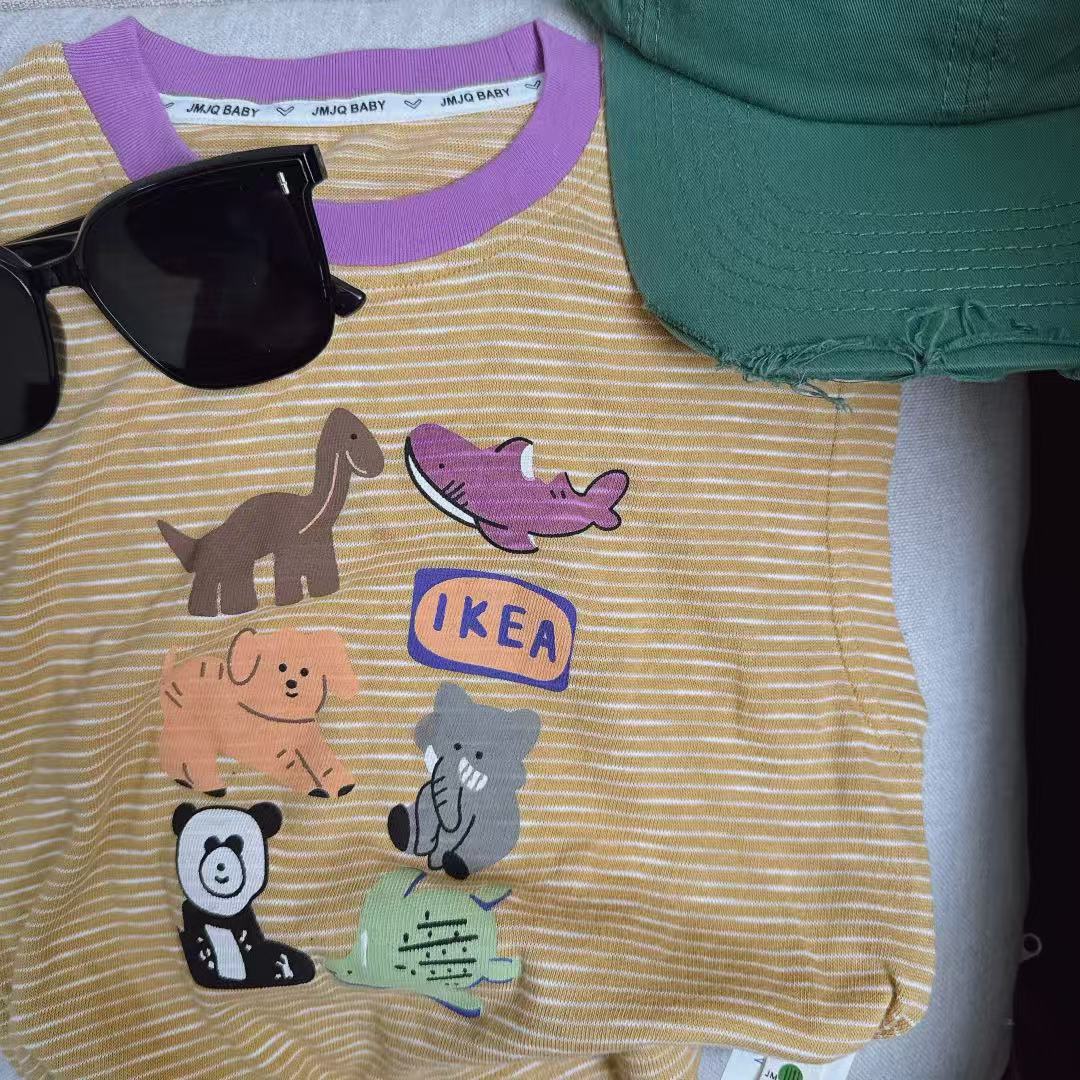 【JMJQ 25170】夏季中小童韩版亲肤色织条纹可爱动物印花落肩背心