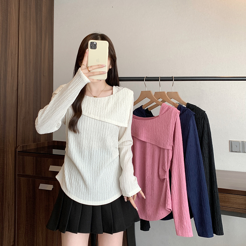 2025秋装新款胖mm大码女甜美减龄不规则掐腰显瘦长袖上衣A2302