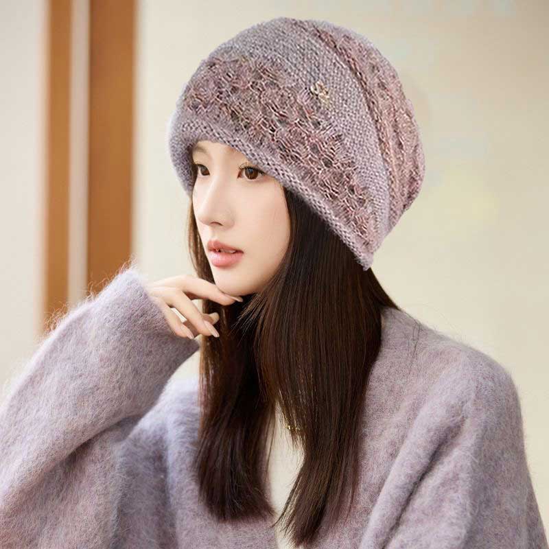 加厚双层毛线帽保暖防风针织堆堆帽松鼠时尚女士护耳包头帽妈妈帽