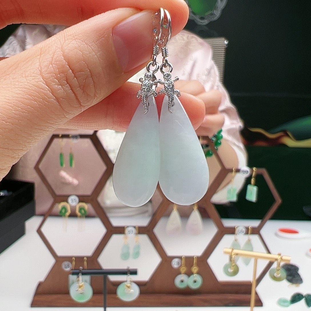 翡翠耳饰银S925镶嵌天然翡翠
