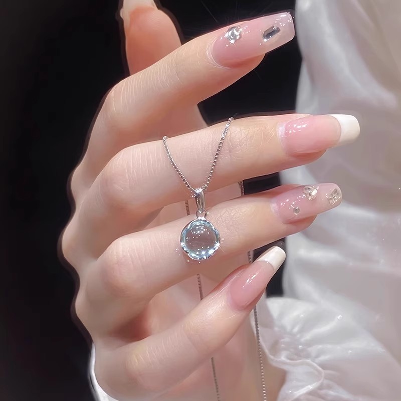 钛钢仿水晶项链 海蓝宝项链女甜美镀银锁骨链0160
