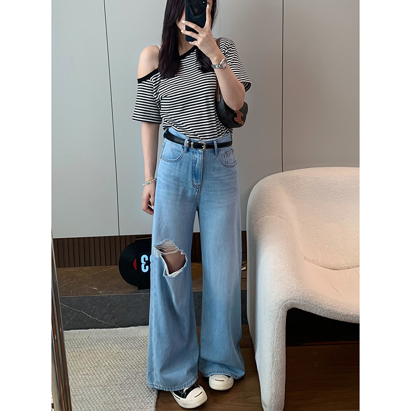 【单破洞牛仔】超软无弹轻薄窄版浅色V字腰牛仔长裤休闲裤