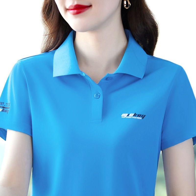 A31蓝色妈妈翻领短袖t恤女夏季新款polo中年人运动休闲上衣大码