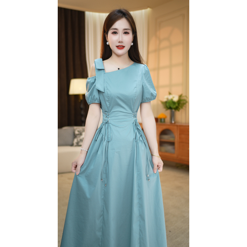 【连衣裙】夏季新款方领纯色修身优雅轻奢小众中长款连衣裙M-4XL
