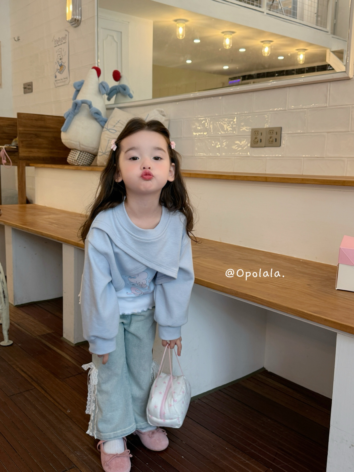 【Opolala 】2025新款秋款女童真两件上衣蝴蝶结牛仔裤