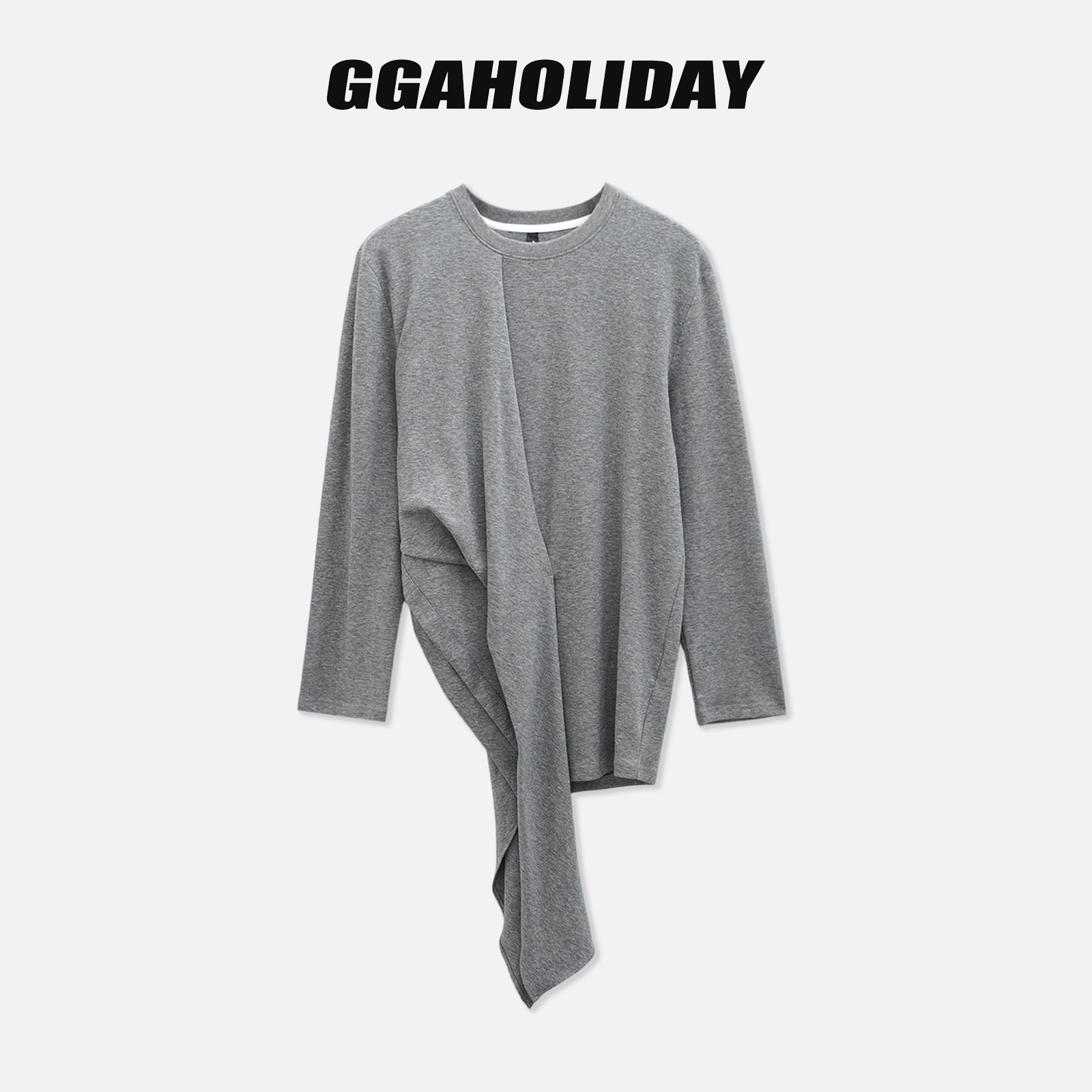 【上新】GGAHOLIDAY秋时尚休闲不规则宽松灰色长袖T恤打底衫-154094