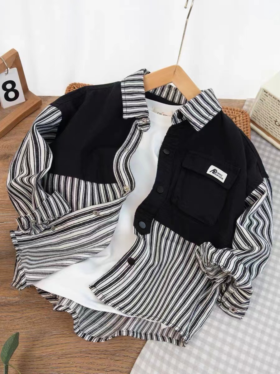 CN3W26男童条纹衬衫春秋款2024新儿童装中大童工装风男孩休闲上衣