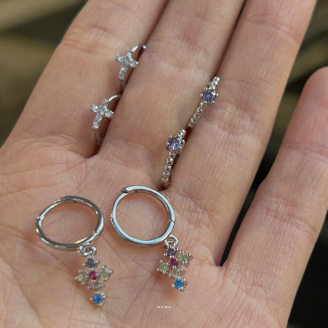 925银合成锆石耳饰 mumu 百搭 彩色十字架紫色可爱少女耳圈耳饰 
