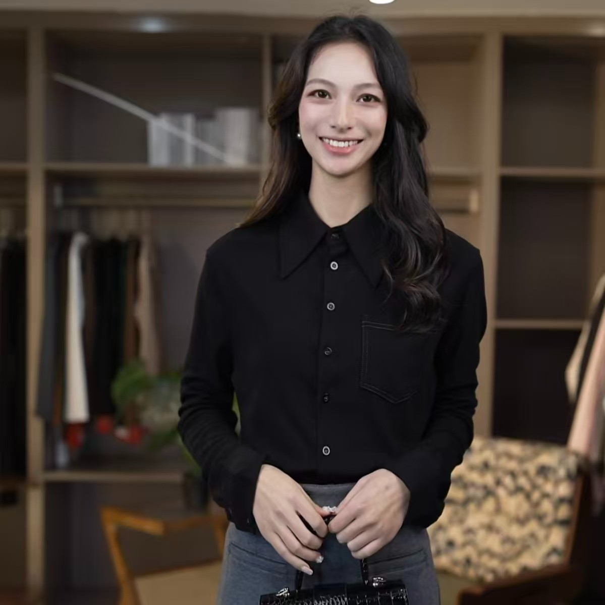 {专柜正品}商场同款25年POLO领职业气质纯羊毛长袖衬衫女5300528
