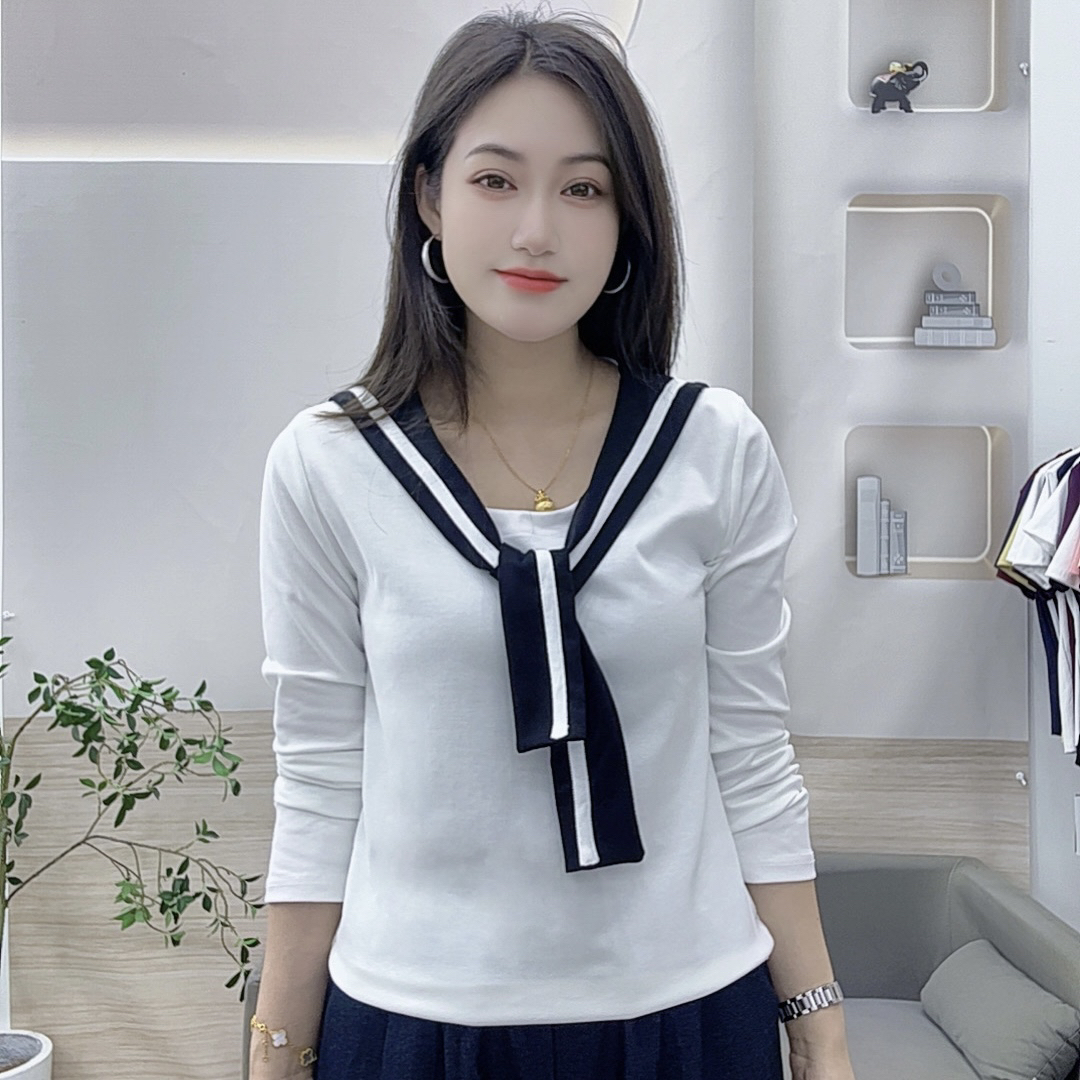 906 新家秋款海军领系带披肩长袖新款设计感上衣