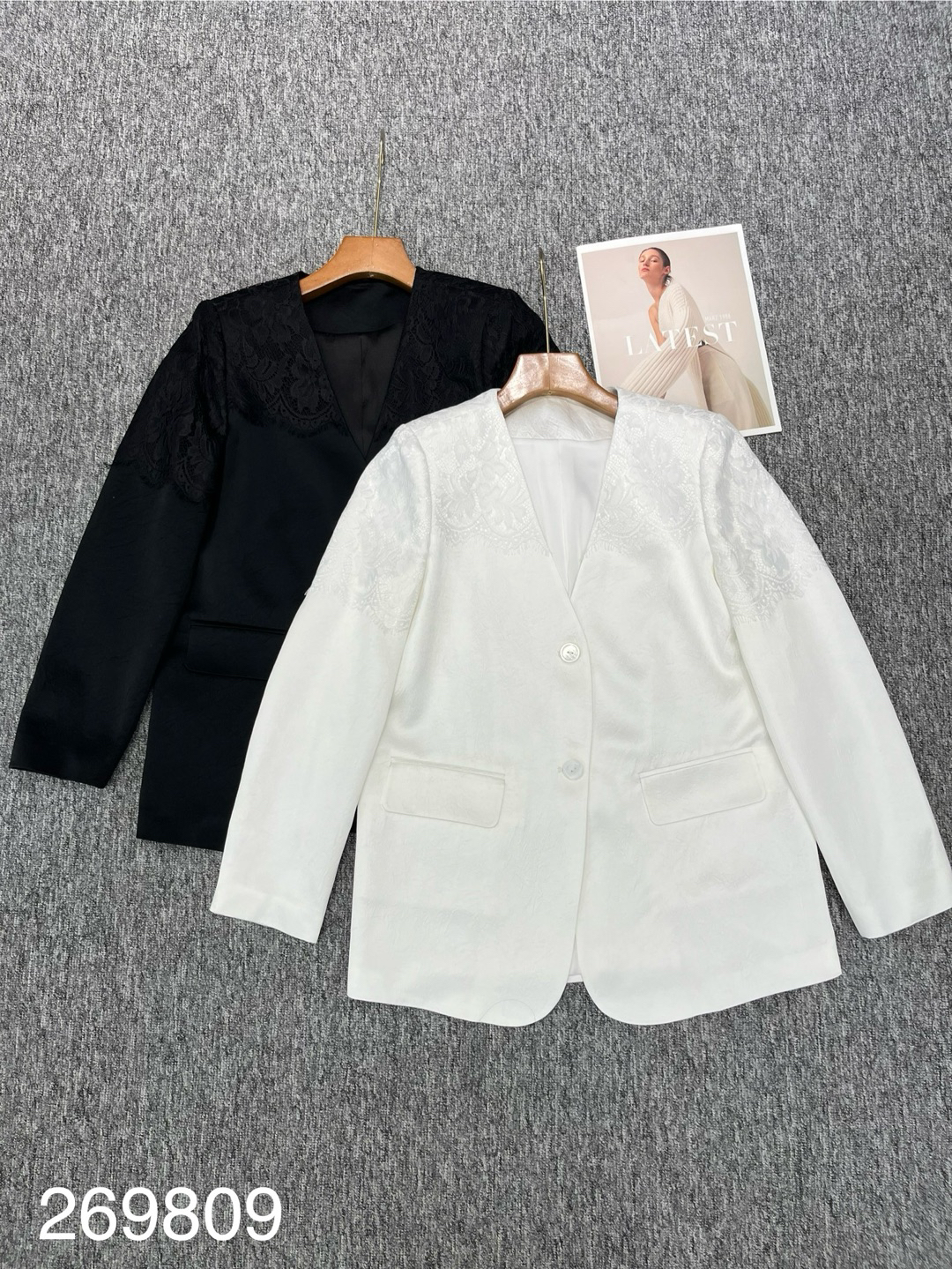 蕾丝醋酸宽松型单排扣中长款长袖西装809