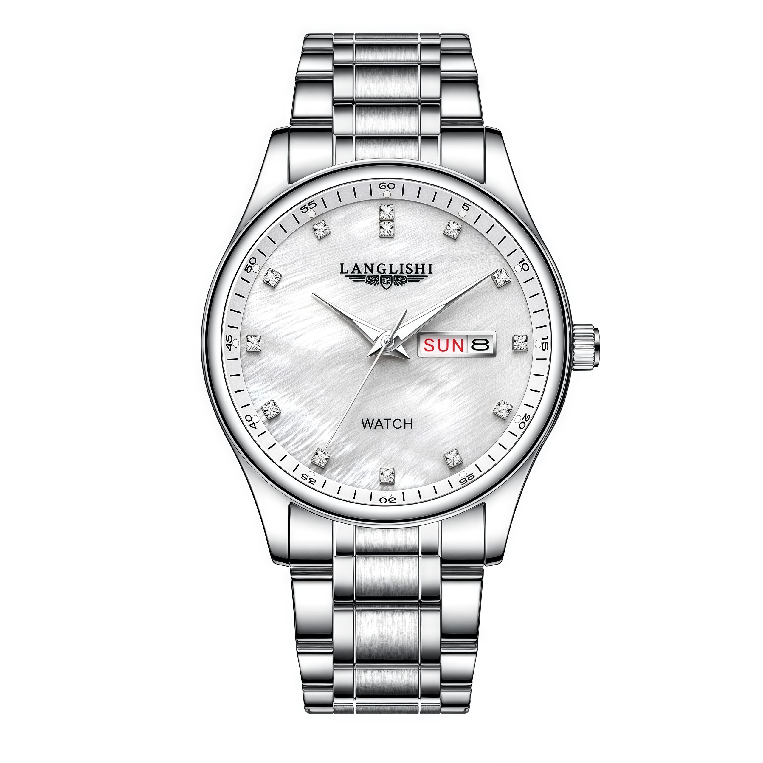 【专柜宠粉】男士经典白盘数字带钻双日历钢带时手表商务腕表LS003