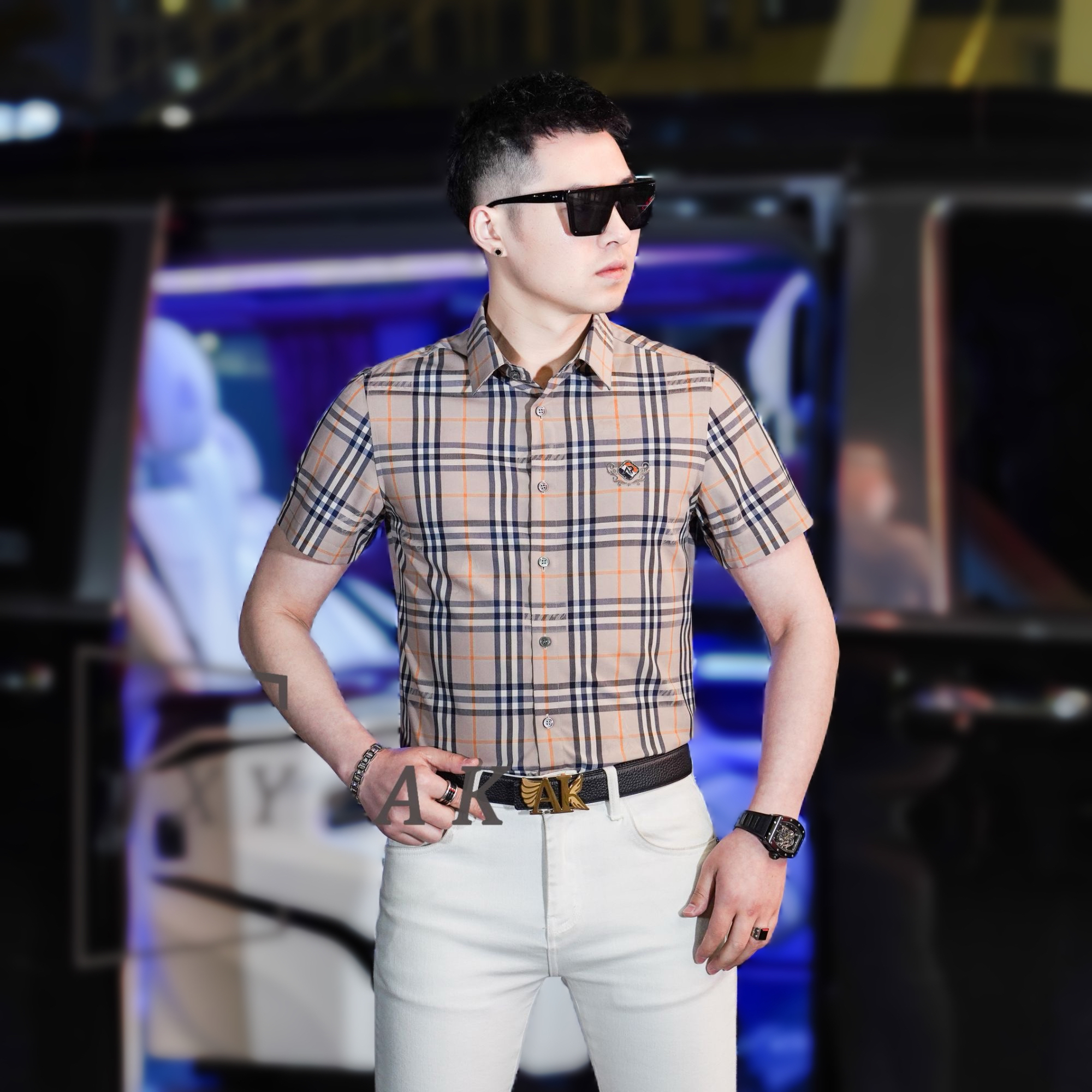 夏季薄款男士格子衬衫短袖户外休闲百搭修身格纹衬衫高级感男装