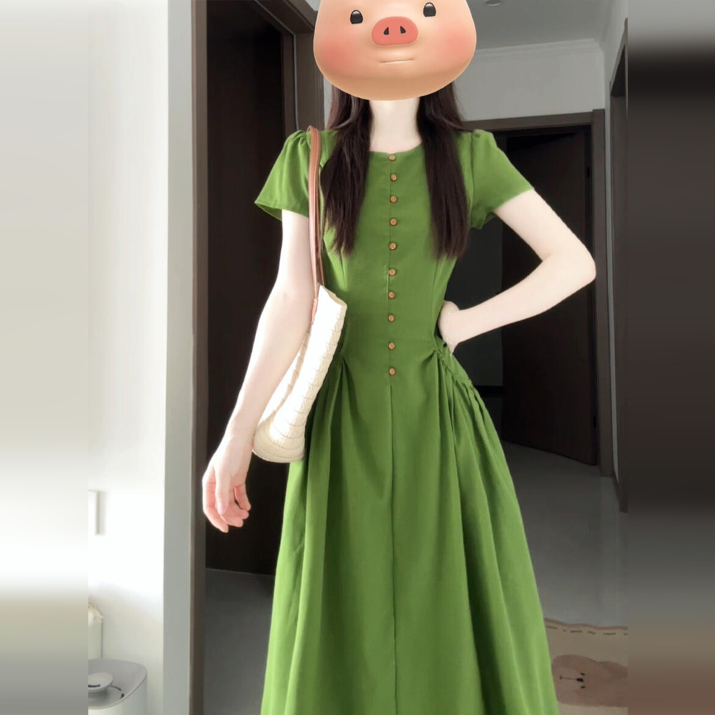 5454法式绿色短袖连衣裙子女夏季2025新款女生ins衣服高级感长裙