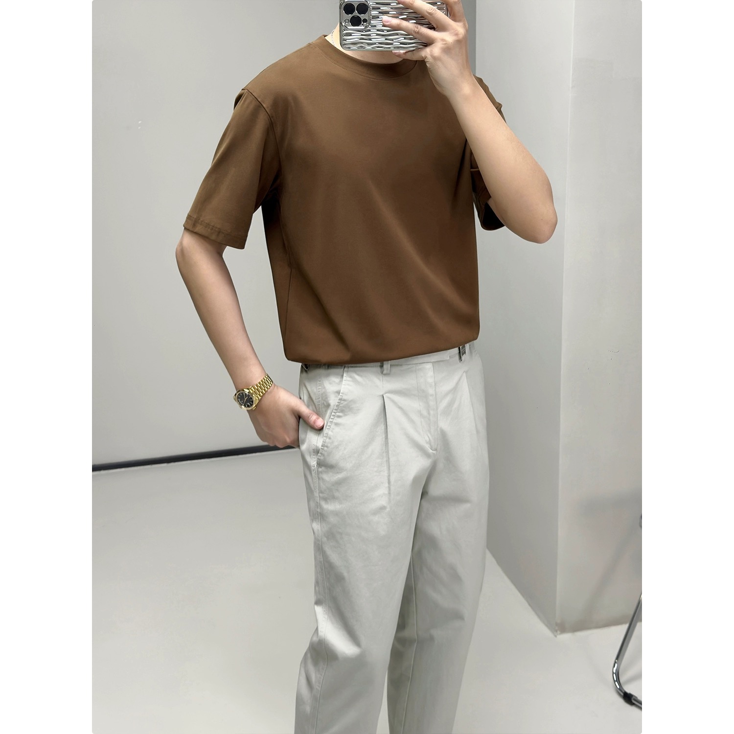 冬季新款短袖t恤时尚薄绒保暖圆领高级感痞帅内搭男士70065