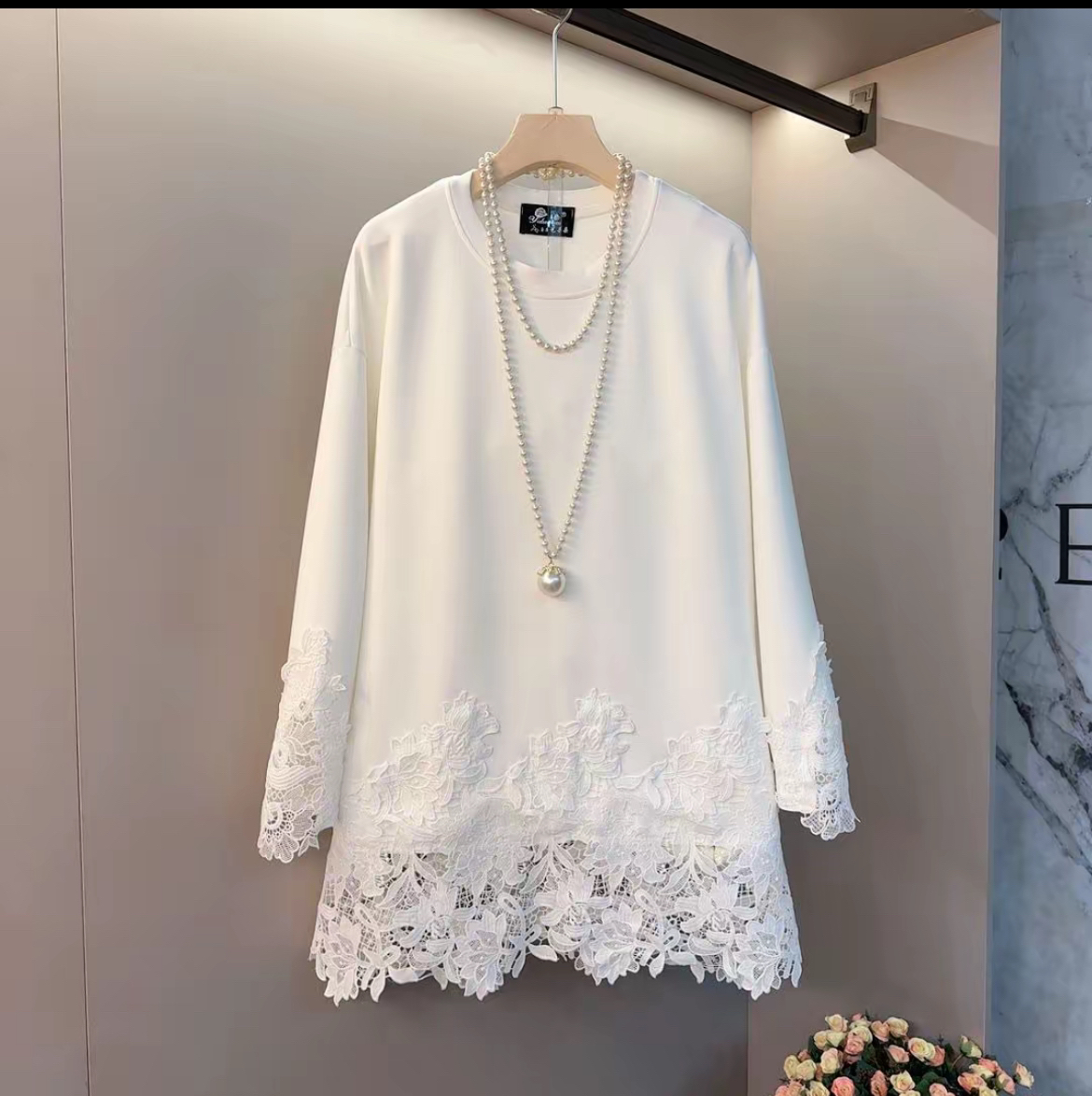 2025欧货新款白色拼接蕾丝长袖中长t恤女秋冬内搭外穿遮肉