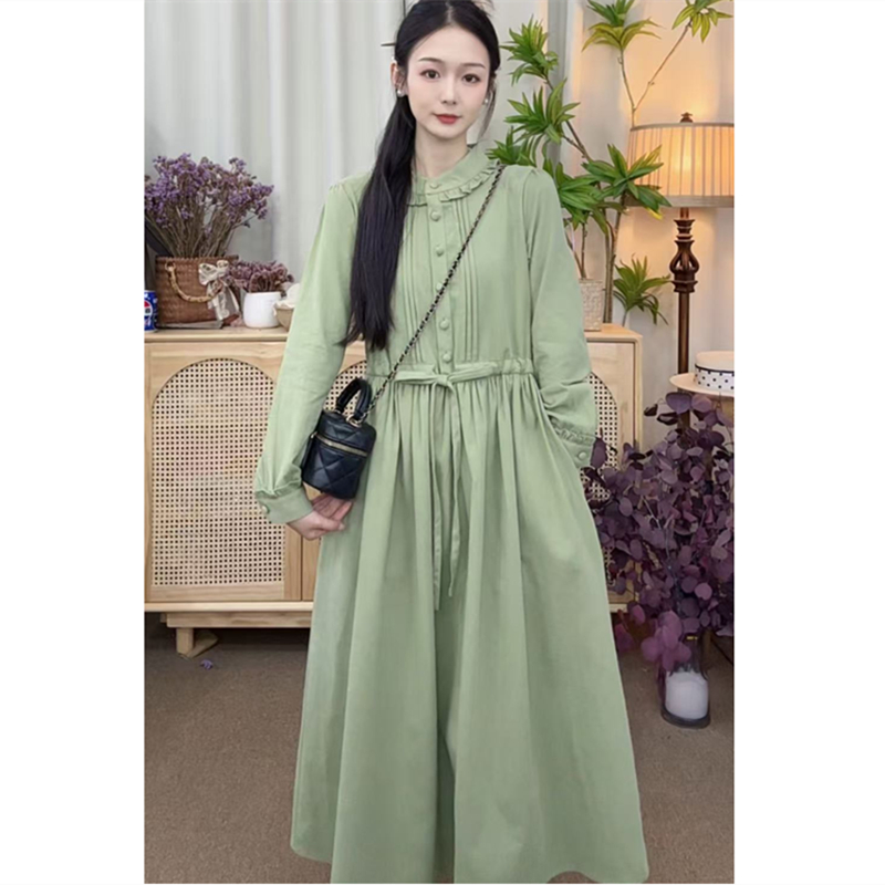 大乔【抹茶】纯棉磨毛秋冬季长袖连衣裙花边立领长裙