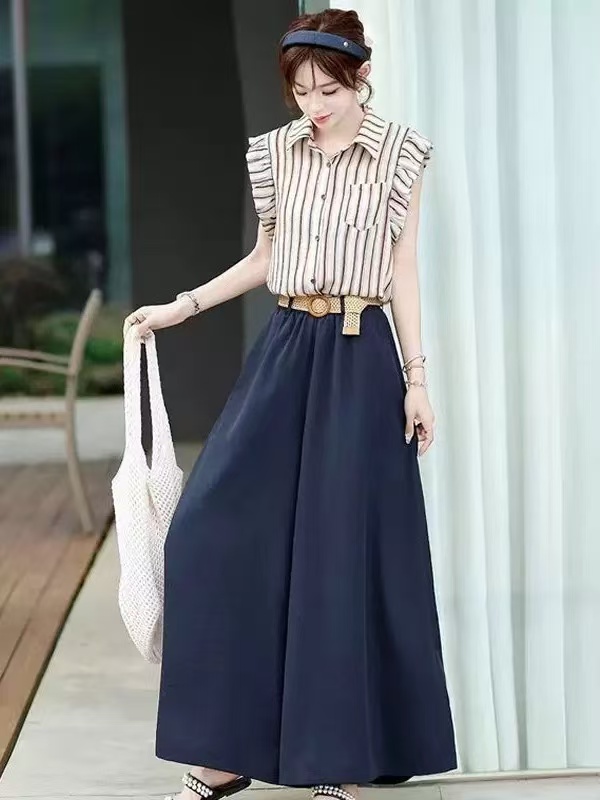 D192568-夏季时尚套装女飞飞袖条纹衬衫松紧腰阔腿休闲裤两件套