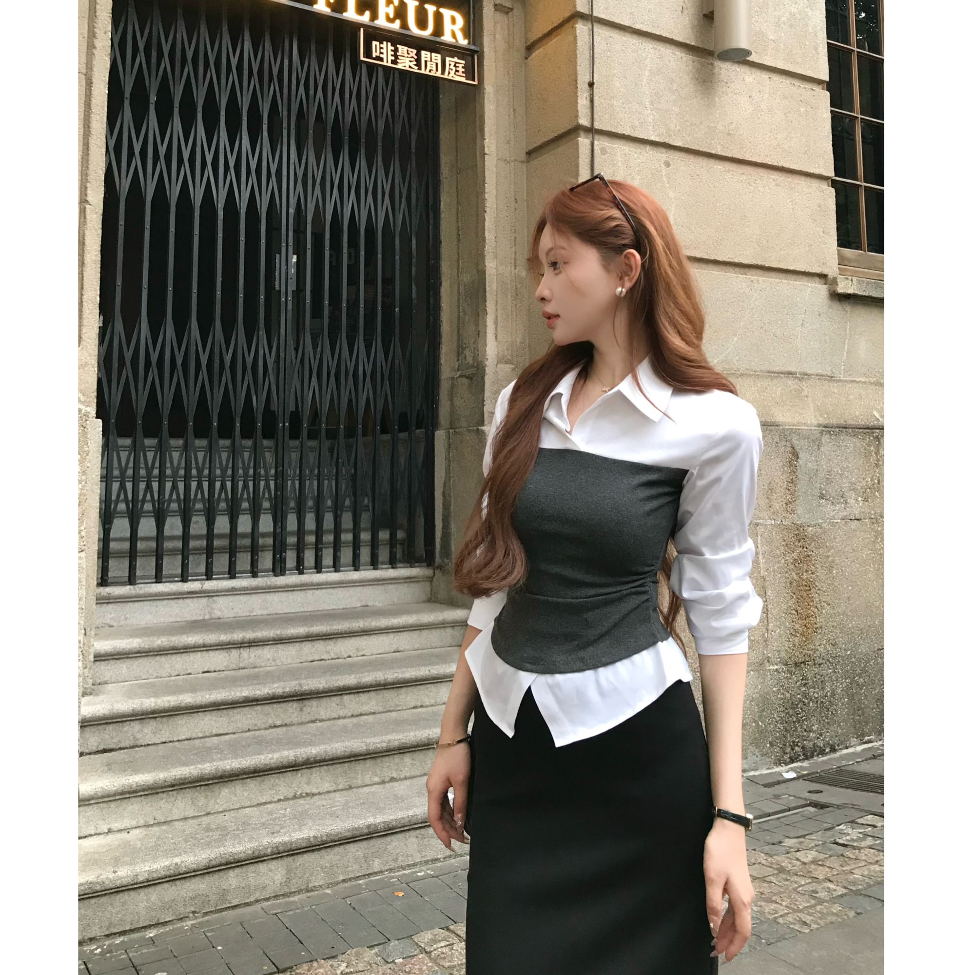 SZA【秋阳映影】秋季新款高级感假两件撞色收腰显瘦衬衫A-2277