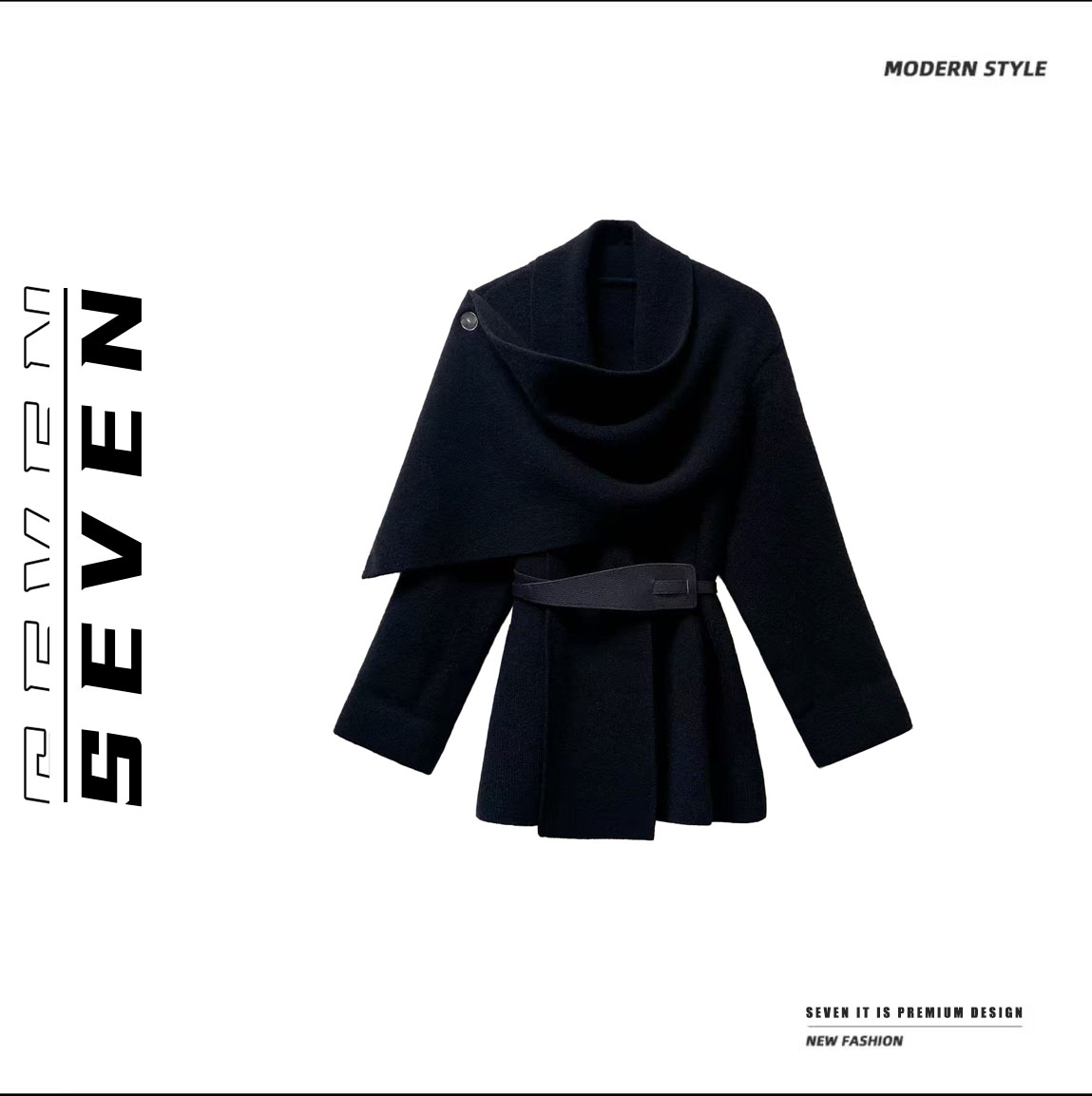 SEVEN【奥法庄园】高级感老钱风氛围感围巾领针织开衫外套配腰带