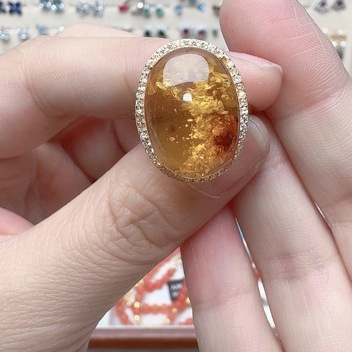 琥珀戒指银S925镶嵌戒指