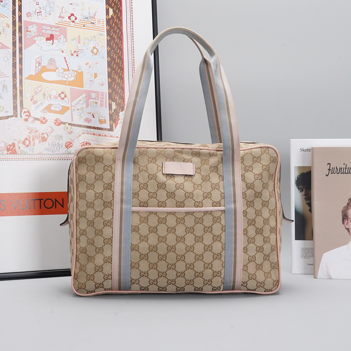 95新 GUCCI/古驰  【静文】中古 老花拼色帆布 手提包/BGH004010026