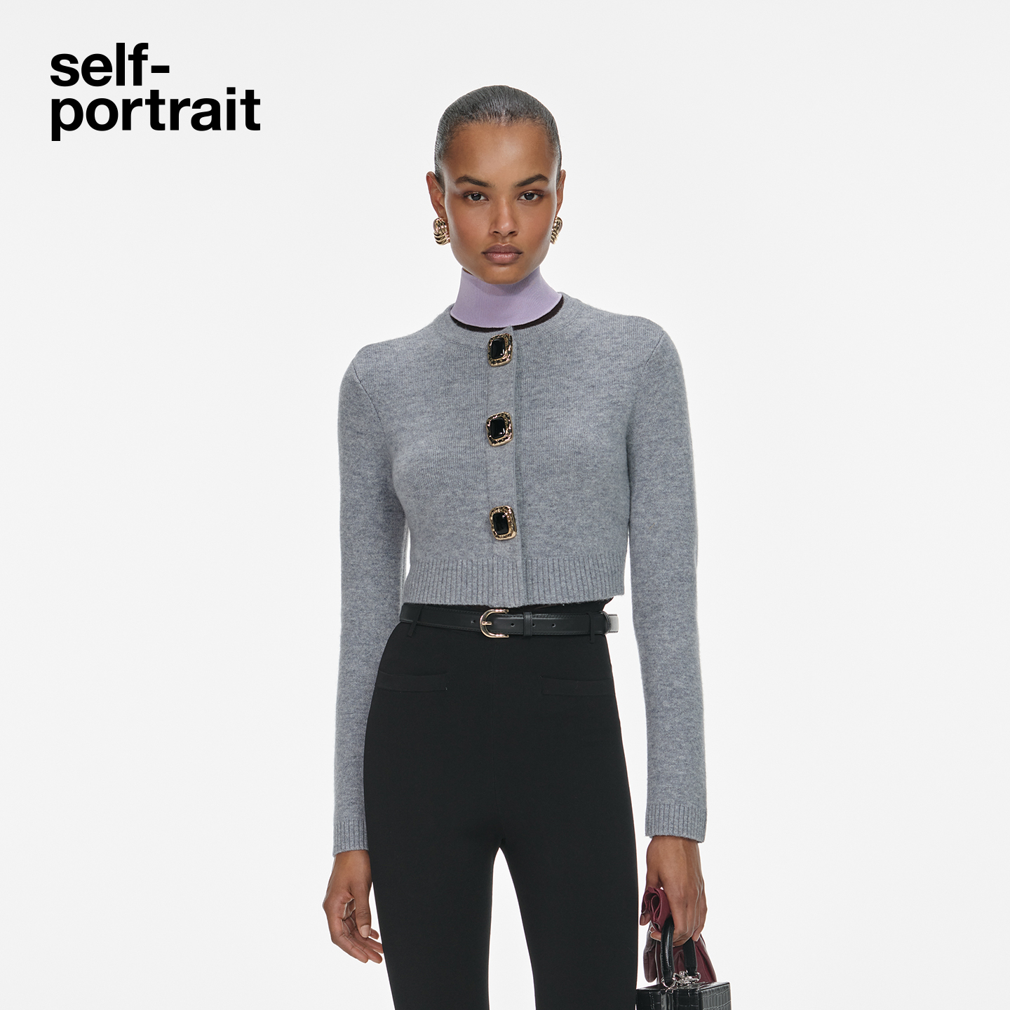 self-portrait 2025秋冬新款浅灰色设计感羊毛混纺针织外套开衫