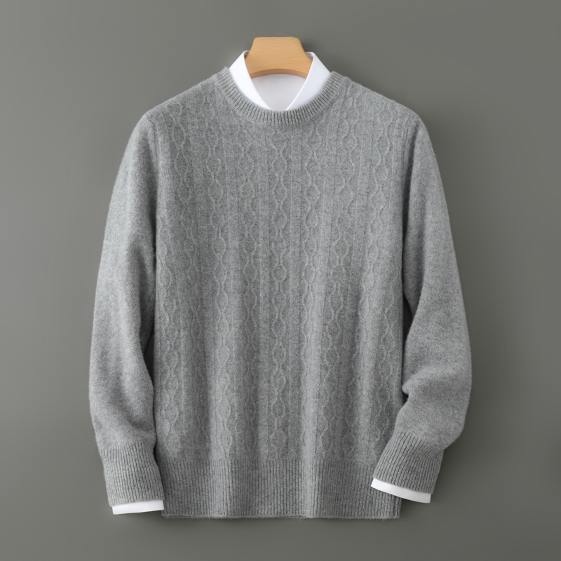 设计师款~圆领纯羊绒衫男套头休闲宽松提花毛衣打底简约风衫