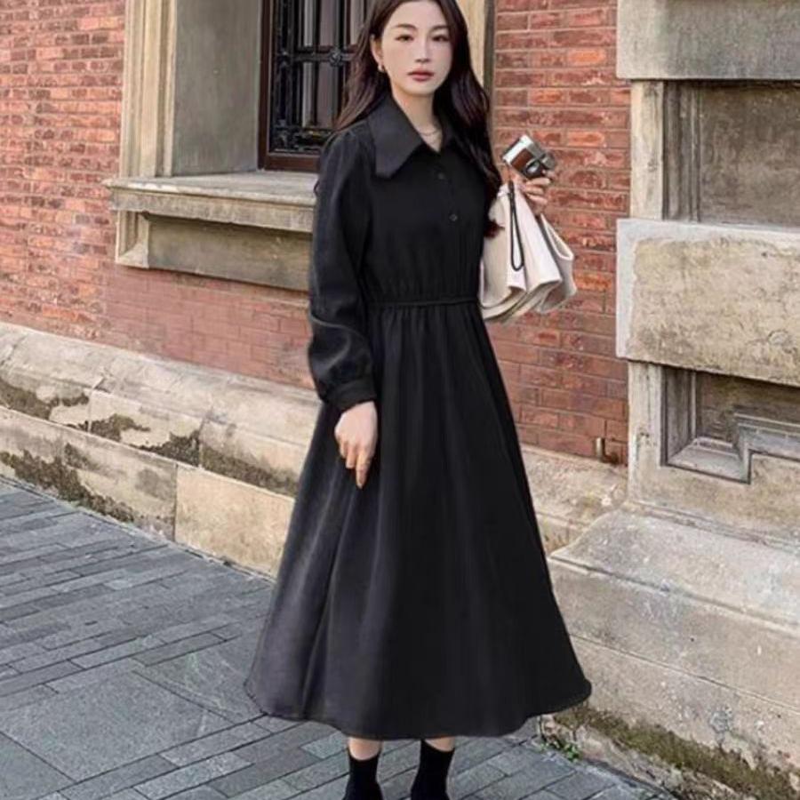 F112冬季秋季风超长女帝政裙连衣裙收腰显瘦小黑裙 FB