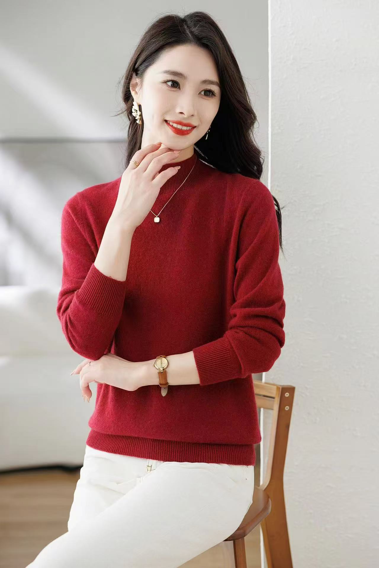 80%山羊绒衫半高领纯色毛衣女羊绒针织打底衫