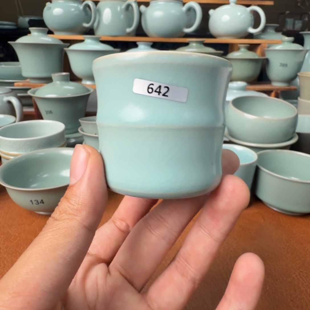 陶摆件开播福利微瑕仿古天青竹节杯
