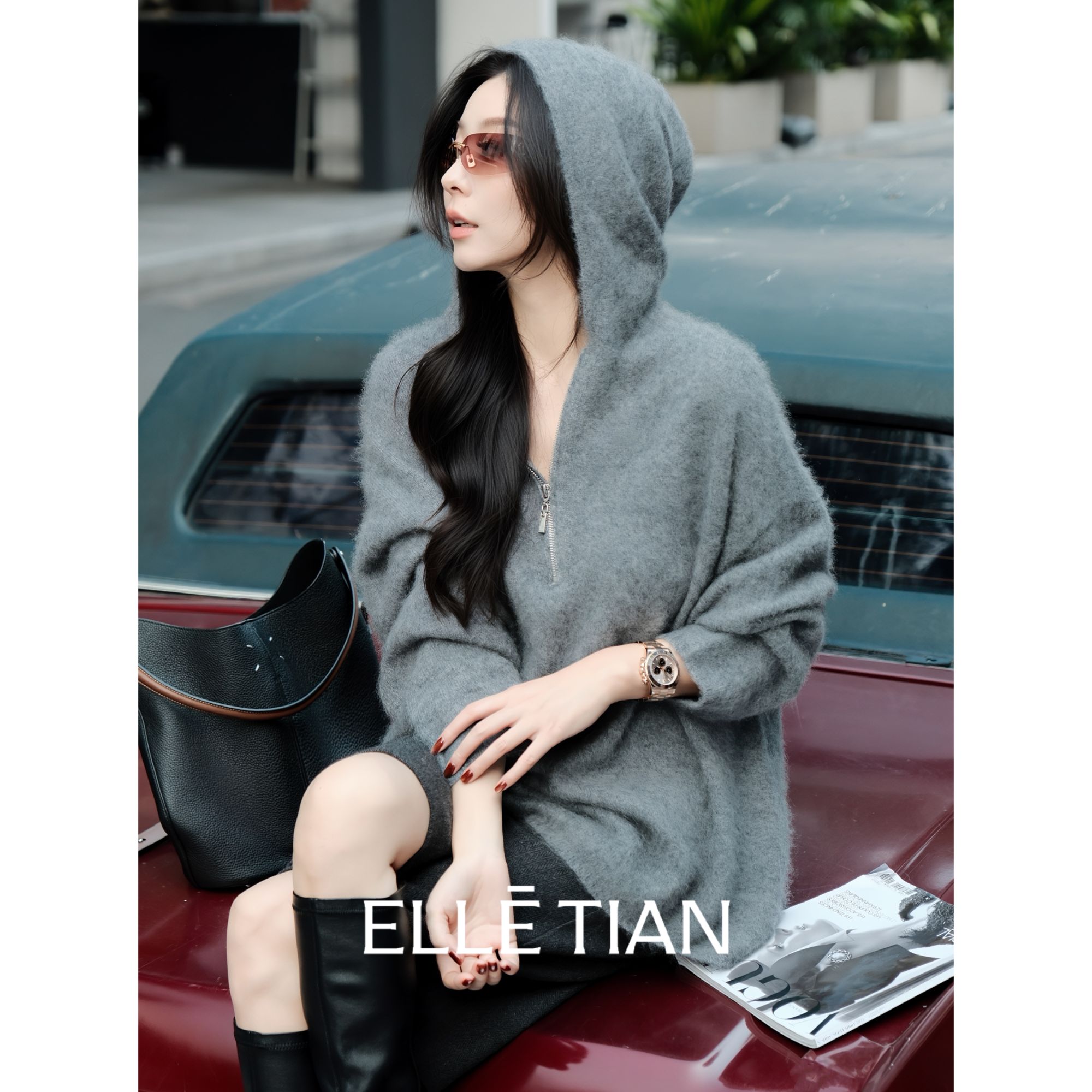 ELLETIAN "柔雾"羊毛+羊绒 慵懒显瘦连帽毛衣EADM043