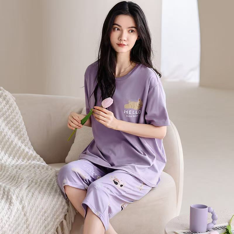 9207夏季带胸垫女士纯棉睡衣短袖七分裤套装睡衣女套装家居服