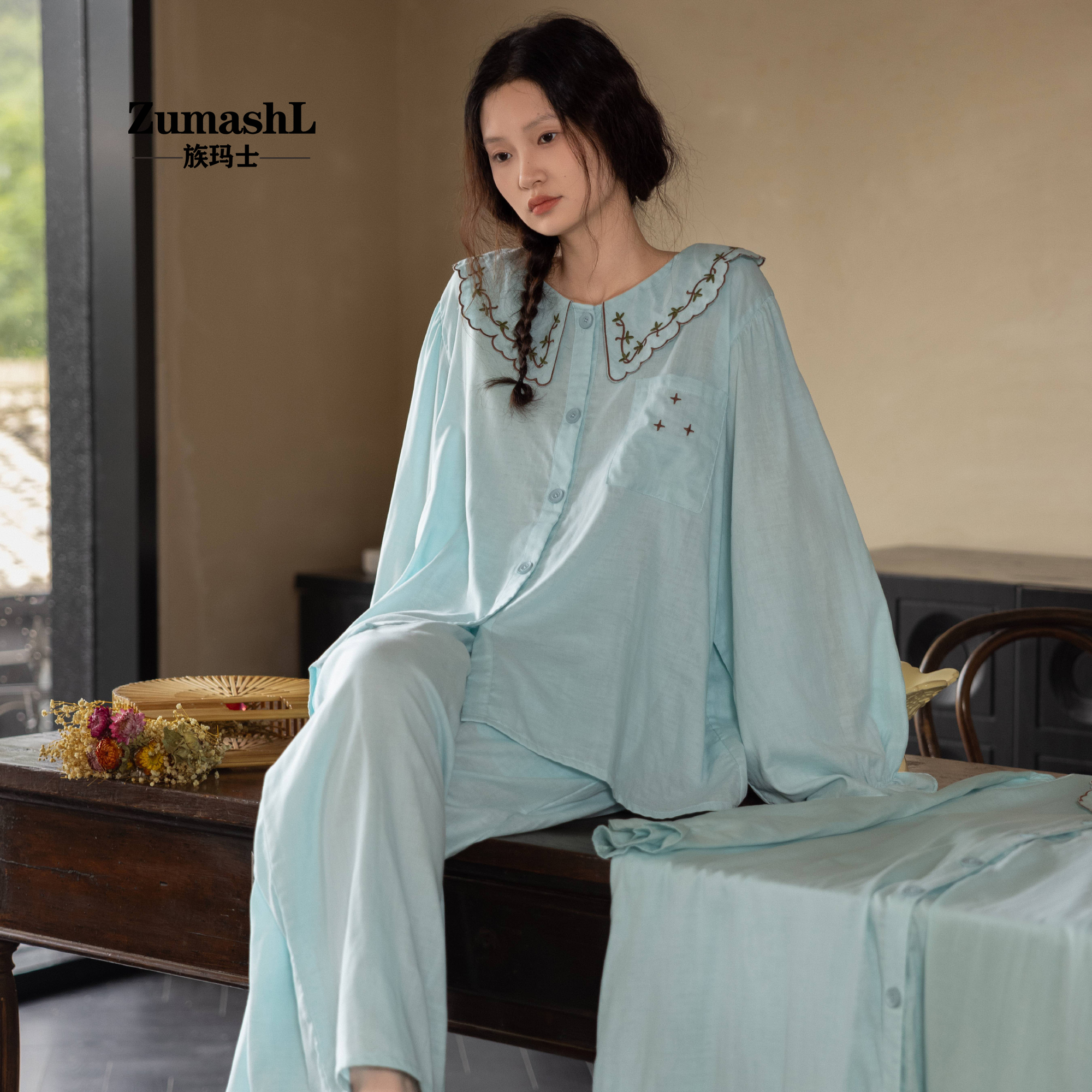 族玛士睡衣女士春秋季纯棉纱布长袖大码韩版刺绣秋冬天家居服套装