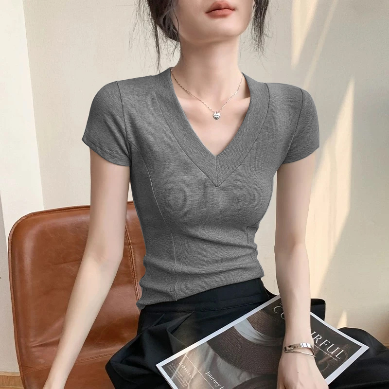 欧若风简约韩系百搭V领短袖t恤女2025夏季显瘦设计感鱼骨修身上衣