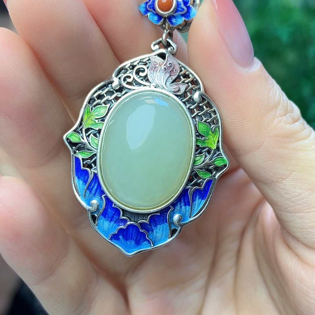 和田玉吊坠银S925镶嵌