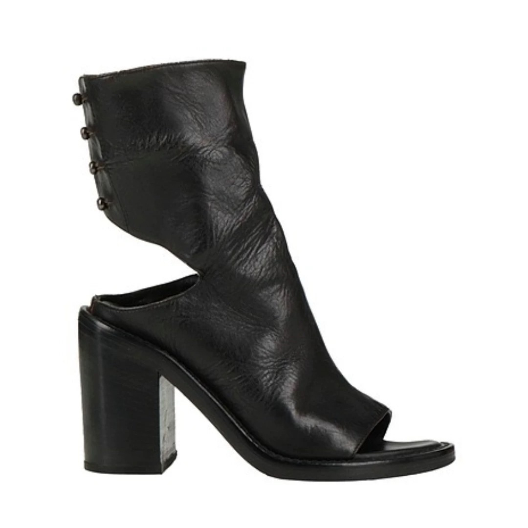 POMORROW粗跟凉鞋镂空短靴高跟凉靴单靴露齿靴子2025新款