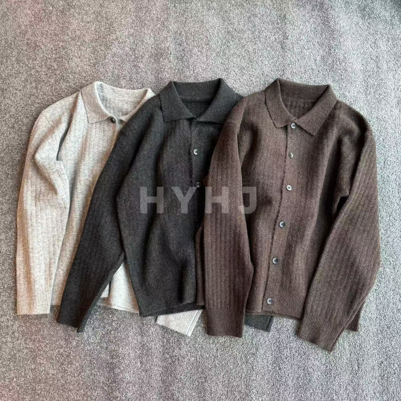 【HYHJ】内敛绅士 男士静奢毛衣羊毛混纺针织翻领加厚竖条肌理开衫