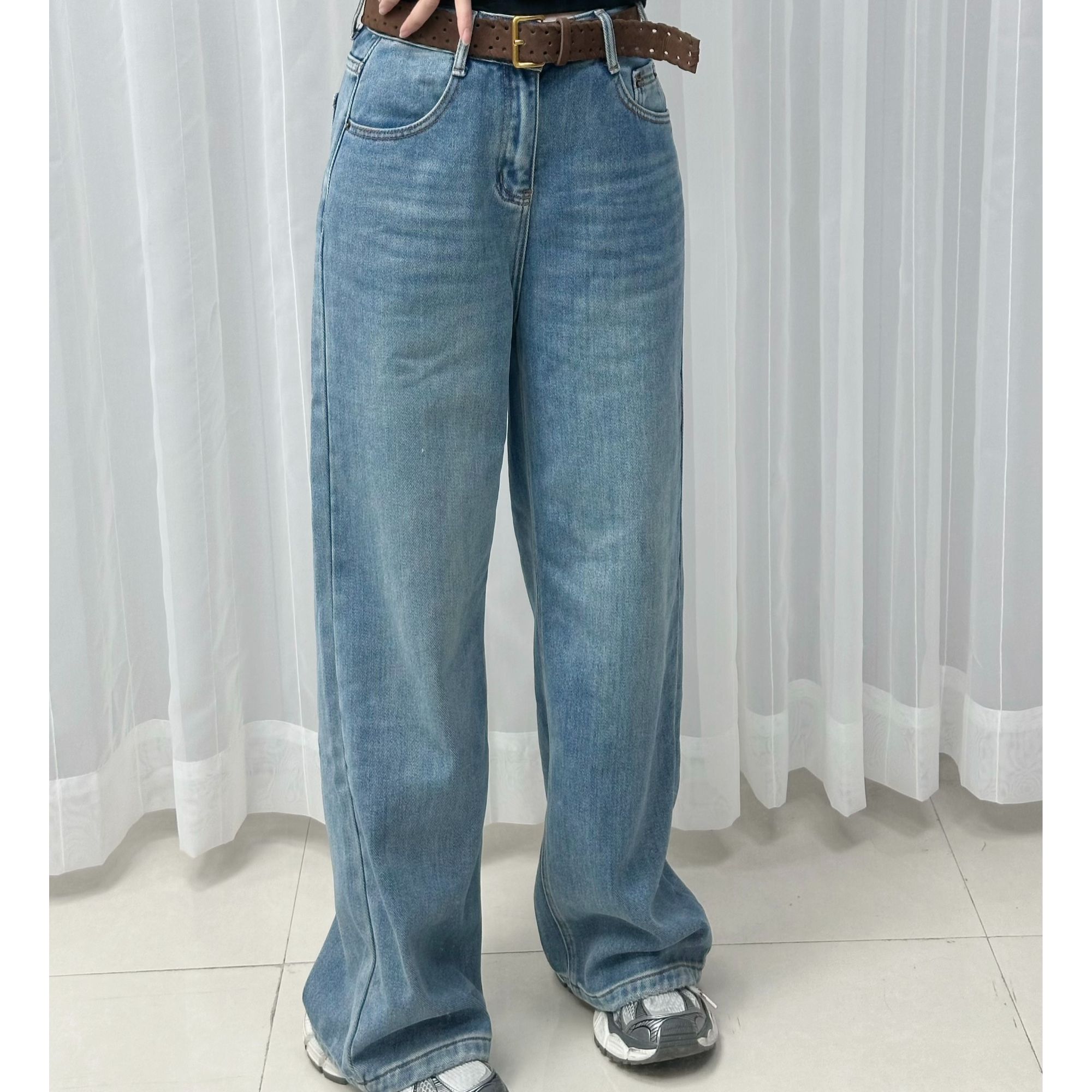 2025-002韩系冬新款高腰显瘦直筒牛仔裤女宽松百搭加绒阔腿裤