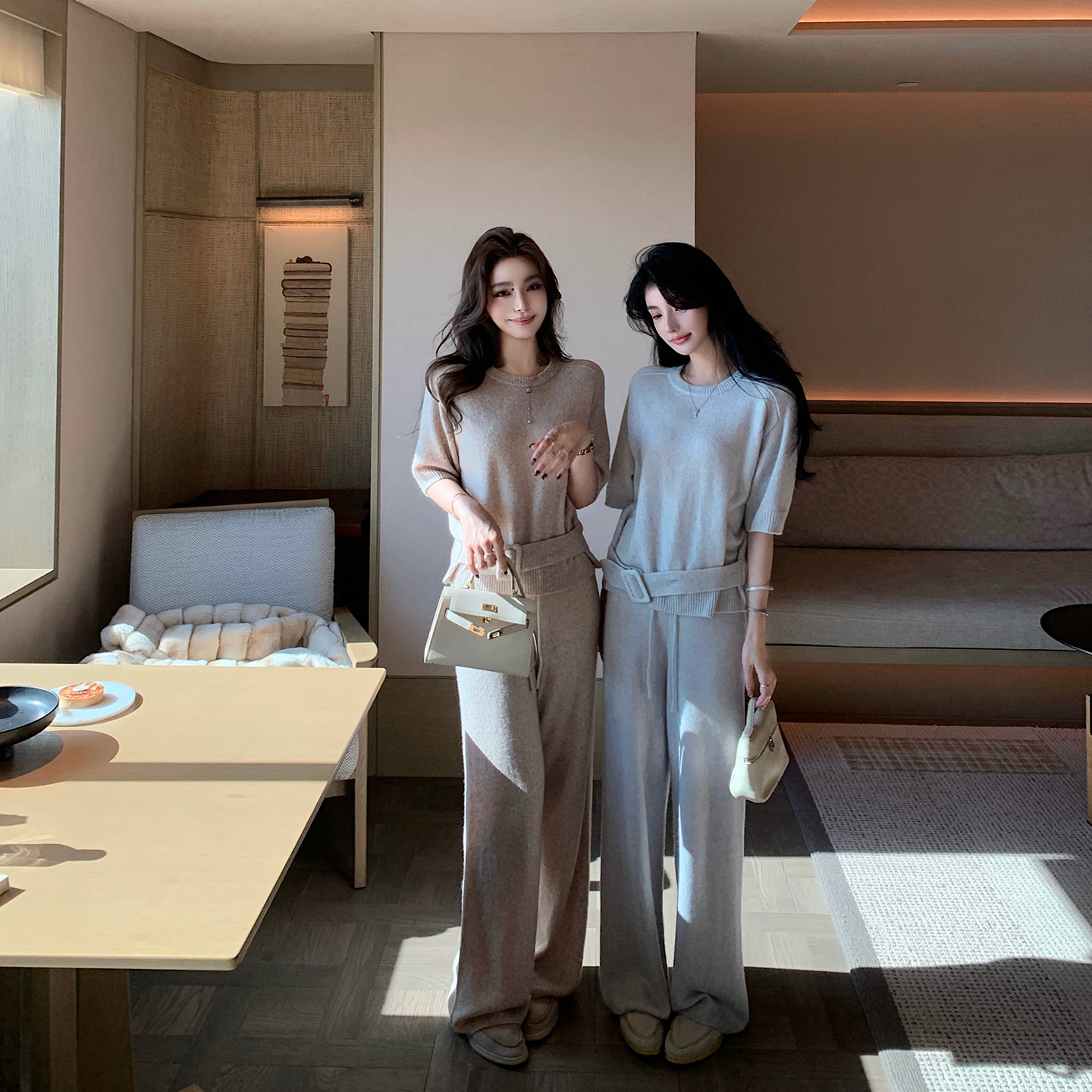 “静奢姐系套装”羊绒羊毛莱赛尔奢柔智性气质腰带上衣&长裤套装