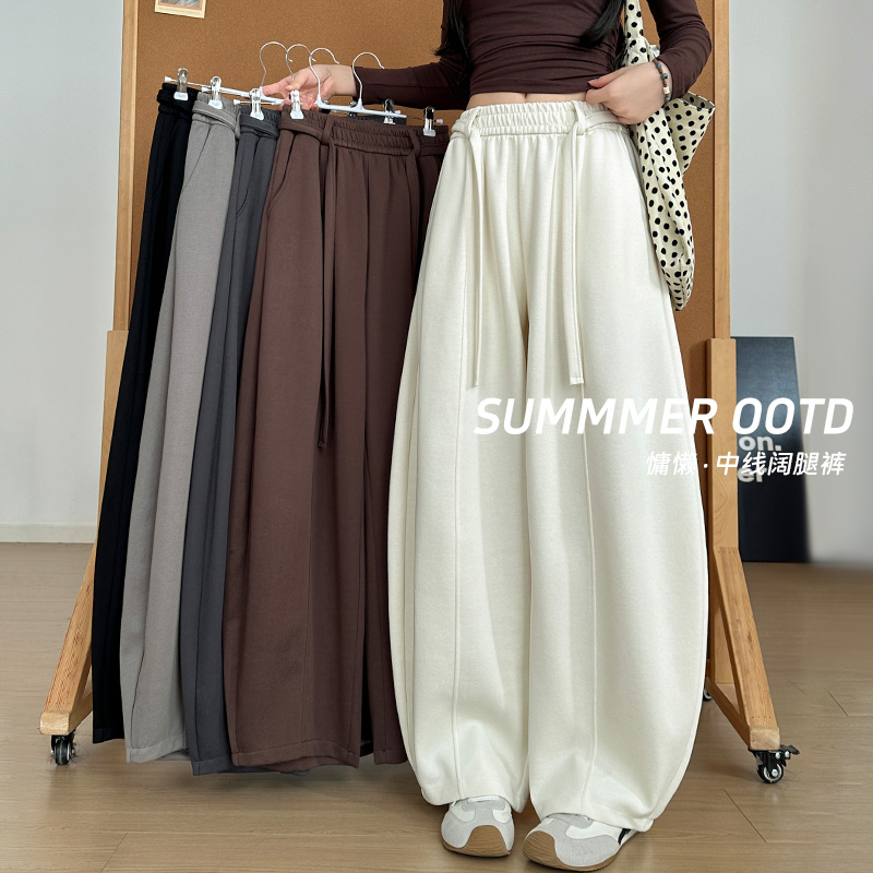高品质棉中线弯刀裤女琥珀流光风高腰美式抽绳休闲阔腿加绒卫裤