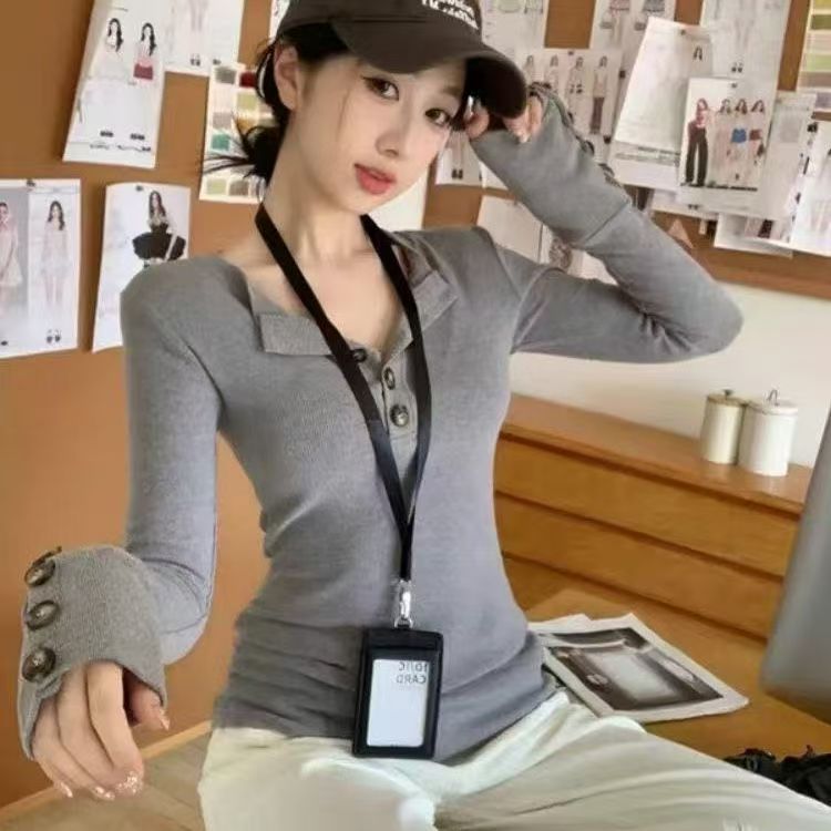 {现货24H+运补3-5}2025韩版新款半开领长袖T恤女秋冬修身正肩上衣