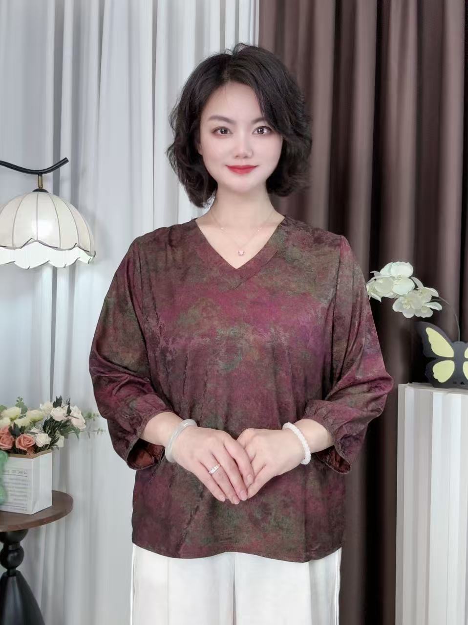 [紫韵]新中式中国风时尚显瘦遮肉高级洋气九分袖女V领T恤