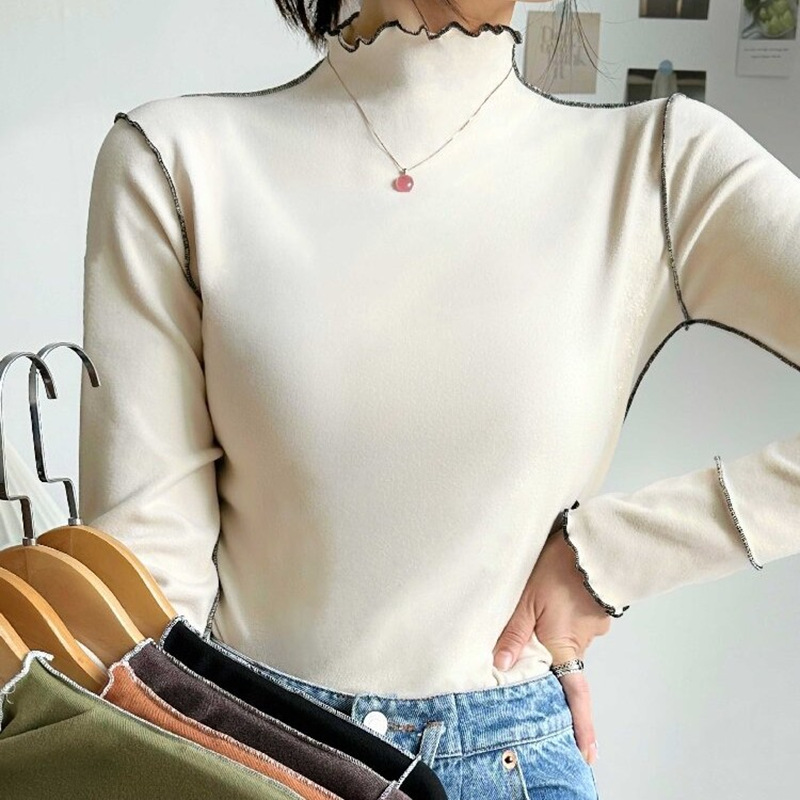 2025气质半高领长袖打底衫显瘦木耳边双面衣2022年秋季新款女装