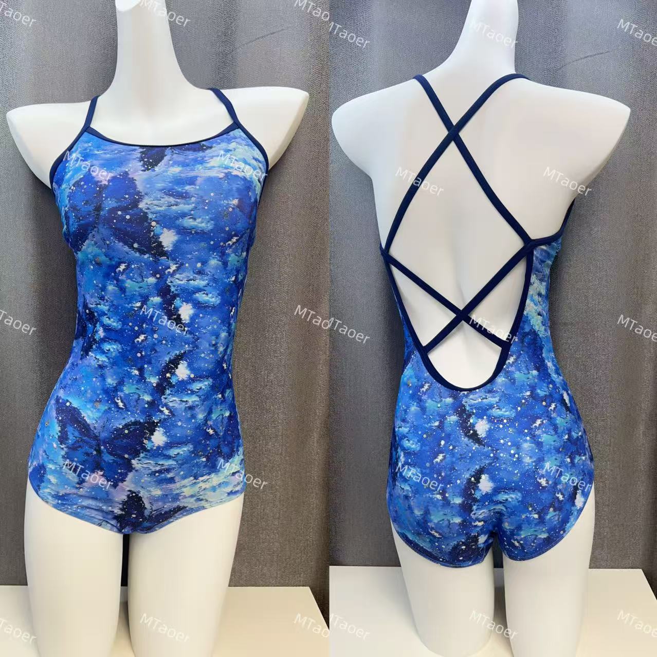 MTaoer【蓝色恋蝶】女士遮肉成人连体三角遮肉显瘦高弹美背游泳衣