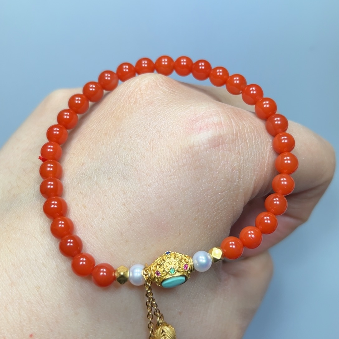 南红玛瑙DIY 手串银S925镀金镶嵌