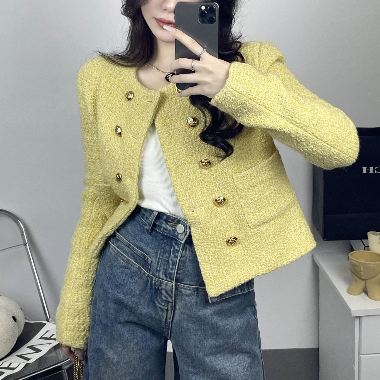 99新 Celine/思琳 vem393/毛圈花呢双排扣猎装夹克外套 40码 羊毛