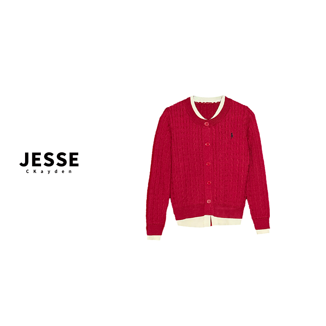 红色假两轻奢针织衫时尚上衣拼接圆领纯色宽松型SS0247